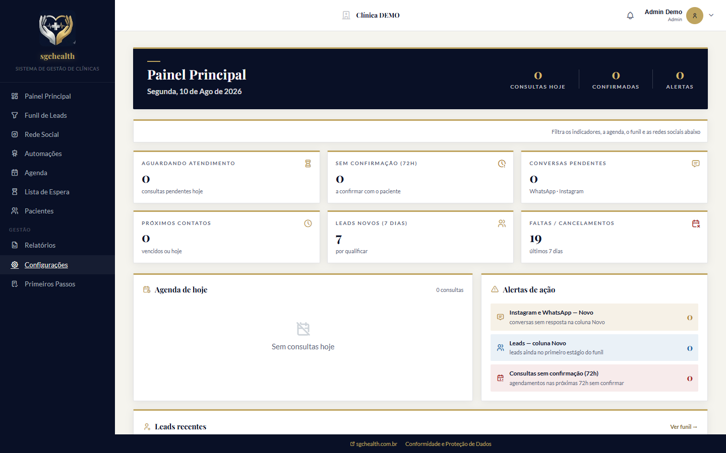 Painel Principal do sgchealth, com funil, agenda e alertas da Clínica DEMO